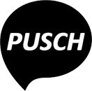 eine schwarz-weiße Sprechblase mit dem Wort Push.