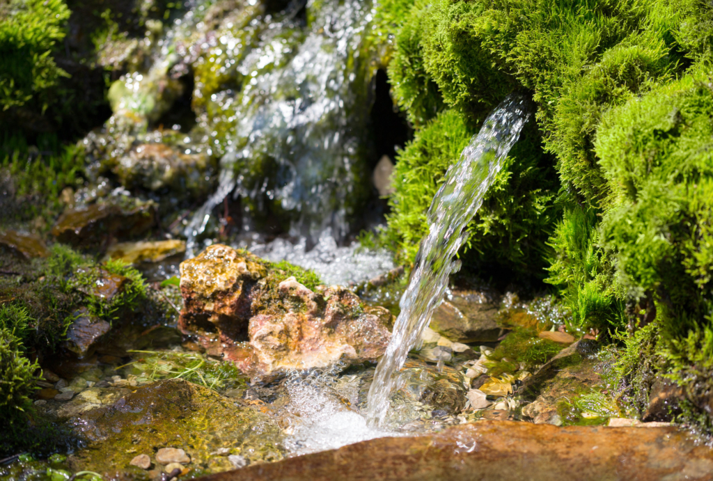 ein Wasserfall, der über Felsen und Moos fließt aus einer Quelle.