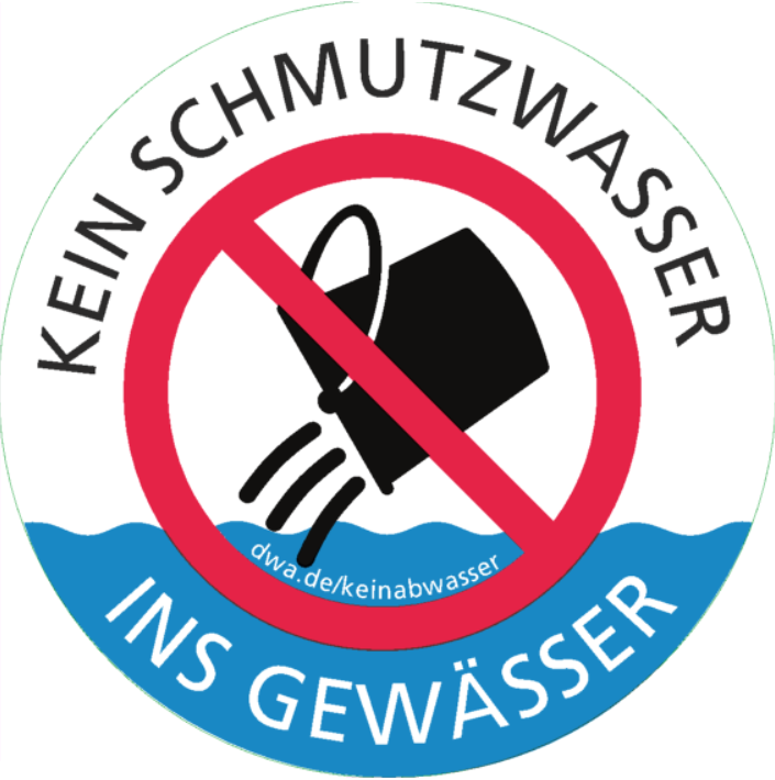 Eine Verbots Rondelle mit der Aufschrift „Kein Schmutzwasser in das Gewässer“.