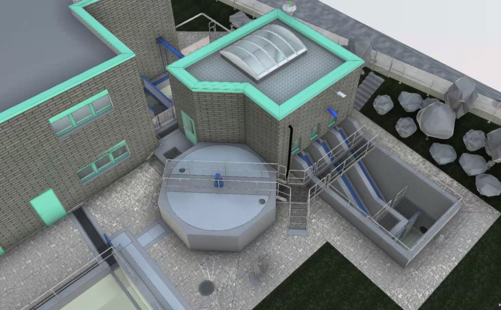 eine Luftaufnahme einer Kläranlage mit Einlaufbecken.