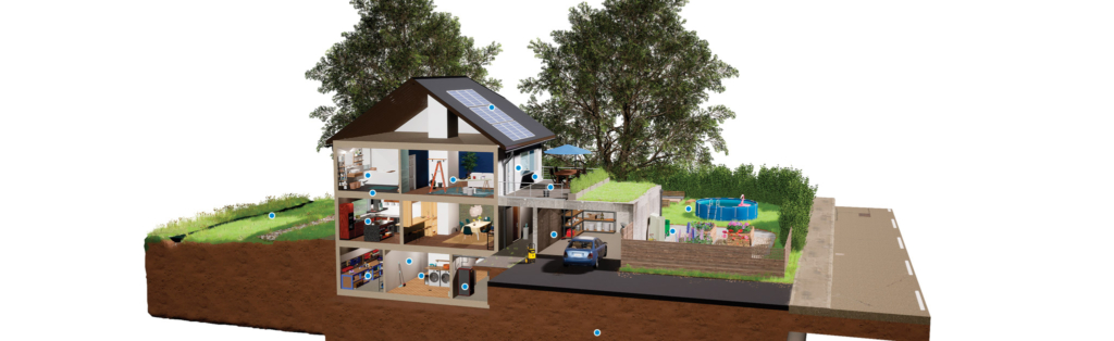 un modèle 3D d'une maison avec un toit vert.