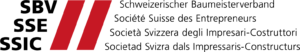 Logo des Schweizerischen Bauunternehmerverbandes mit dem Text „SBV SSE SSIC“ in fetter schwarzer Schrift neben zwei vertikalen roten Linien.
