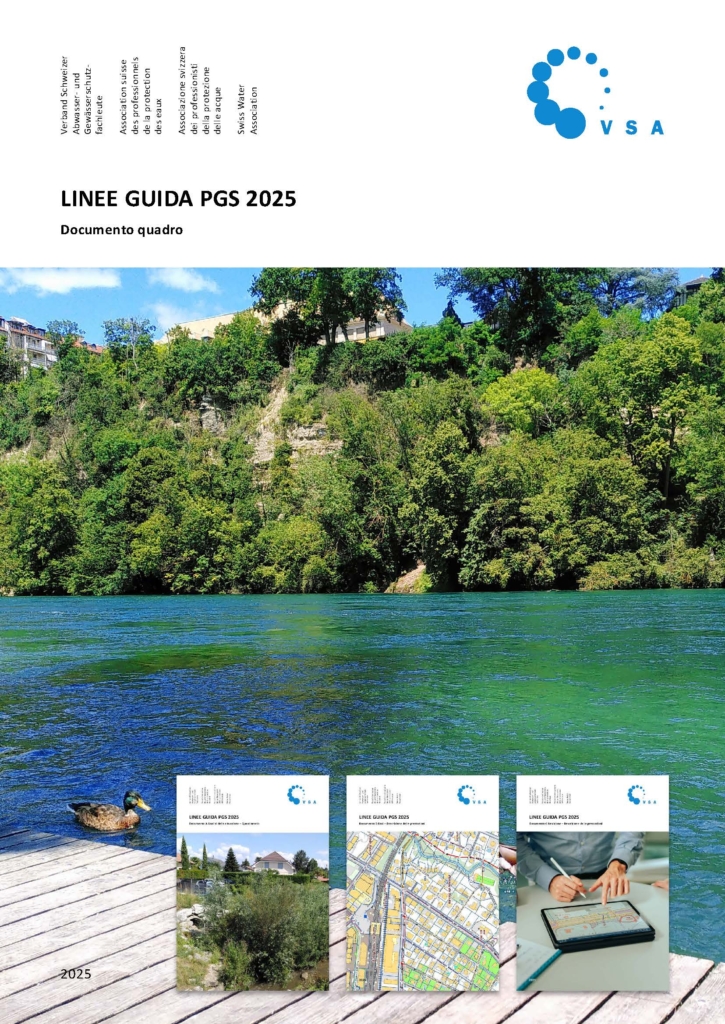 Umschlag eines Dokuments mit dem Titel "LINEE GUIDA PGS 2025" mit einem Fluss, einer Ente auf einem Steg, Bäumen und drei Prospektbildern am unteren Rand.