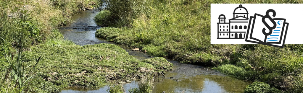 Ein kleiner Bach fließt durch eine üppige grüne Vegetation. Eine überlagerte Grafik in der Ecke zeigt Regierungsgebäude und ein Symbol für ein Rechtsdokument.