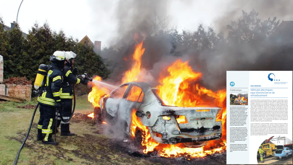 Zwei Feuerwehrleute in voller Montur spritzen Wasser auf ein brennendes Auto, das im Freien in Flammen steht; in der Ecke erscheint ein Artikel.