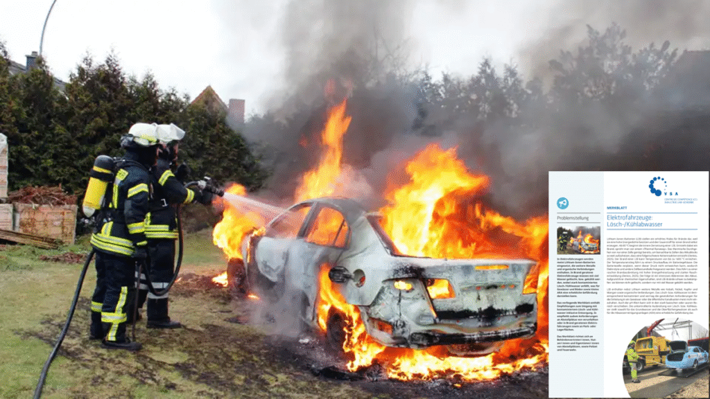 Zwei Feuerwehrm&auml;nner in voller Montur spritzen Wasser auf ein brennendes Auto auf einer offenen Wiese, wobei die Flammen den gr&ouml;&szlig;ten Teil des Fahrzeugs verschlingen. In der unteren rechten Ecke ist eine Informationsbrosch&uuml;re eingeblendet.