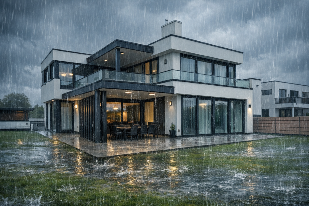 Modernes zweistöckiges Haus mit großen Fenstern und Terrasse, gesehen bei starkem Regen an einem bewölkten Tag, mit Wasserlachen auf dem nassen Gras und dem Bürgersteig.