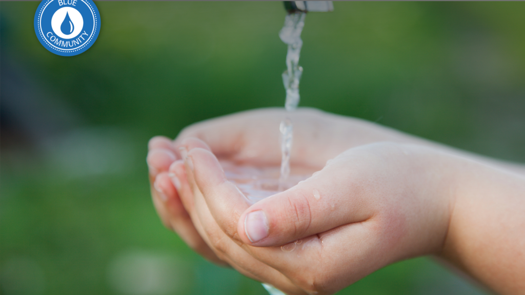 Eine Hand, die fließendes Wasser auffängt, mit unscharfem Grün im Hintergrund. Der weiße Text lautet: "Blaue Gemeinschaft: Anerkennung des Wassers als Menschenrecht.