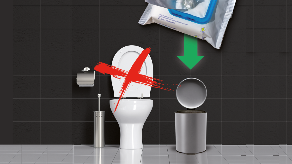Eine Packung Feuchttücher mit einem grünen Pfeil zeigt auf einen Mülleimer, nicht auf die Toilette, die durchgestrichen ist, was darauf hindeutet, dass die Tücher weggeworfen und nicht heruntergespült werden sollten.