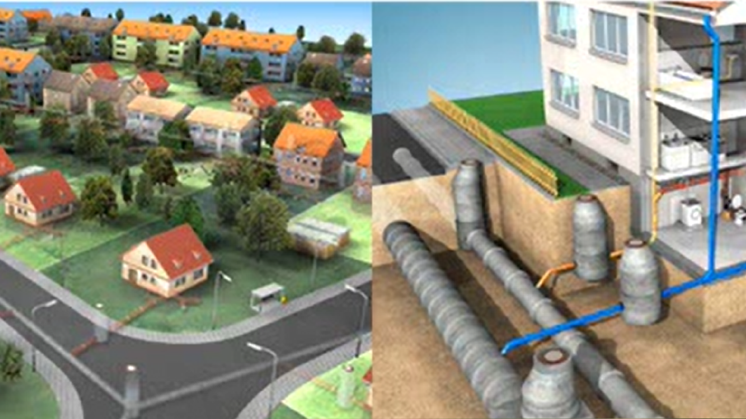 Ein geteiltes Bild, das auf der linken Seite ein Vorstadtviertel und auf der rechten Seite eine unterirdische Ansicht von Wasser- oder Abwasserleitungen zeigt, die an Gebäude angeschlossen sind.