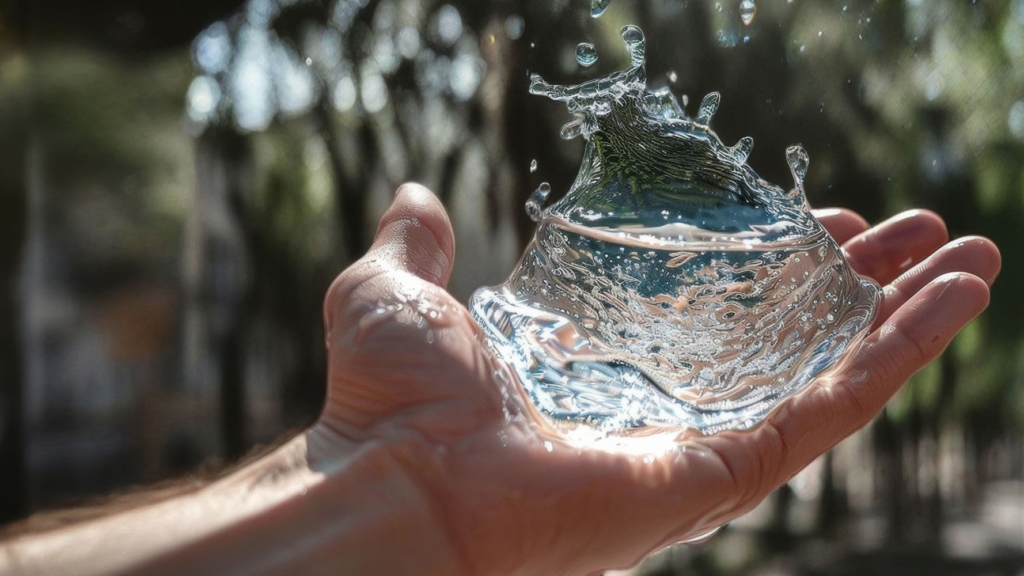 Eine Hand hält klares Wasser, das in der Luft schwebende Tröpfchen und einen unscharfen natürlichen Hintergrund zeigt.