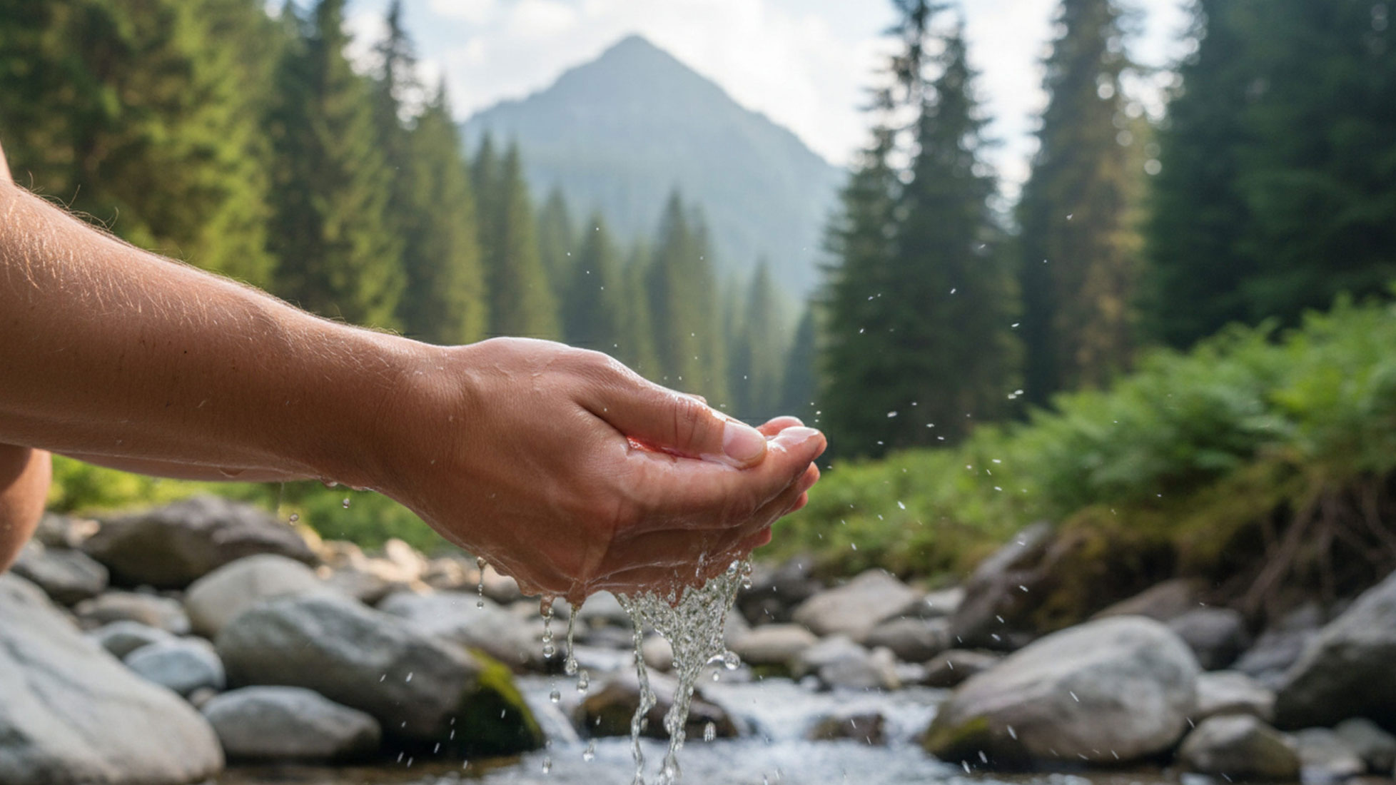 Nahaufnahme von H&auml;nden, die Wasser aus einem felsigen, von B&auml;umen umgebenen Bach sch&ouml;pfen, wobei im Hintergrund ein Berg zu sehen ist.