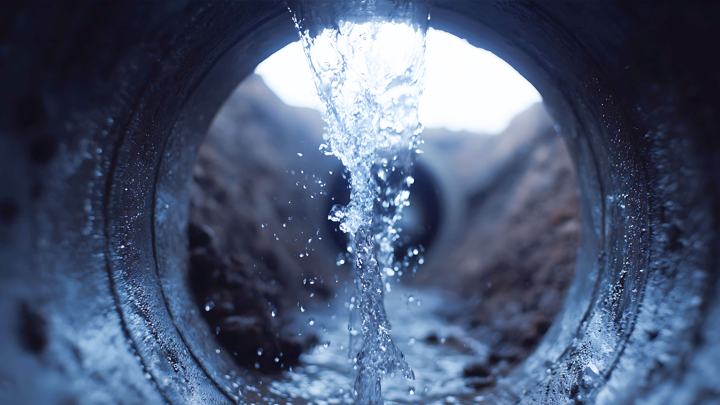 Wasser flie&szlig;t durch ein Metallrohr mit spritzenden Tr&ouml;pfchen, von innen gesehen, w&auml;hrend au&szlig;en der Boden zu sehen ist.