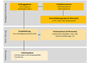 Organigramm, das die Projektrollen und die Hierarchie einer Initiative im Bereich der Wasserwissenschaften darstellt, mit Abschnitten zu Steuerung, Leitung, Beratung und Arbeitspaketen.